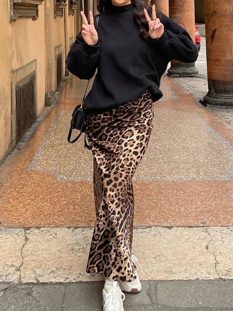 Women's Leopard Print Satin Skirt