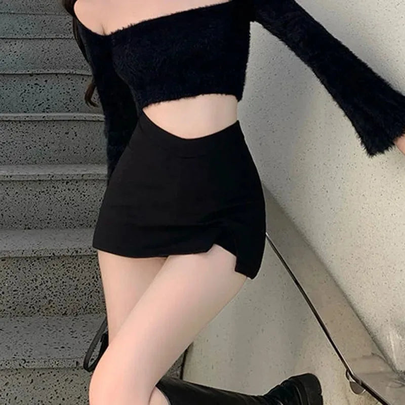 Women's Black Split Mini Skirt