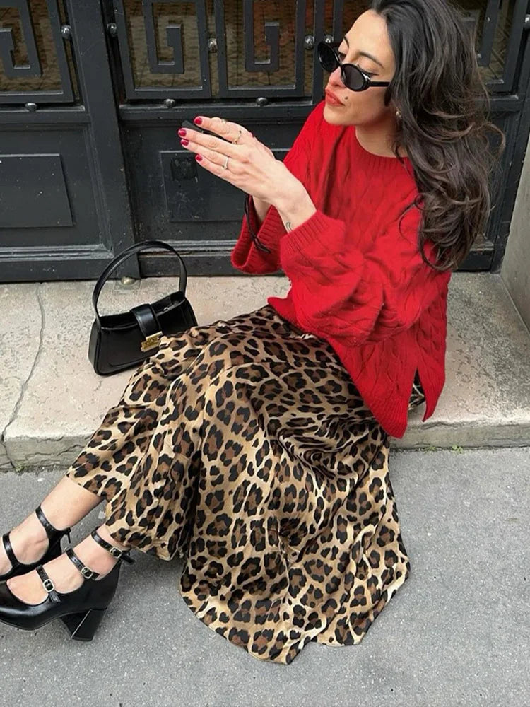 Women's Leopard Print Satin Skirt