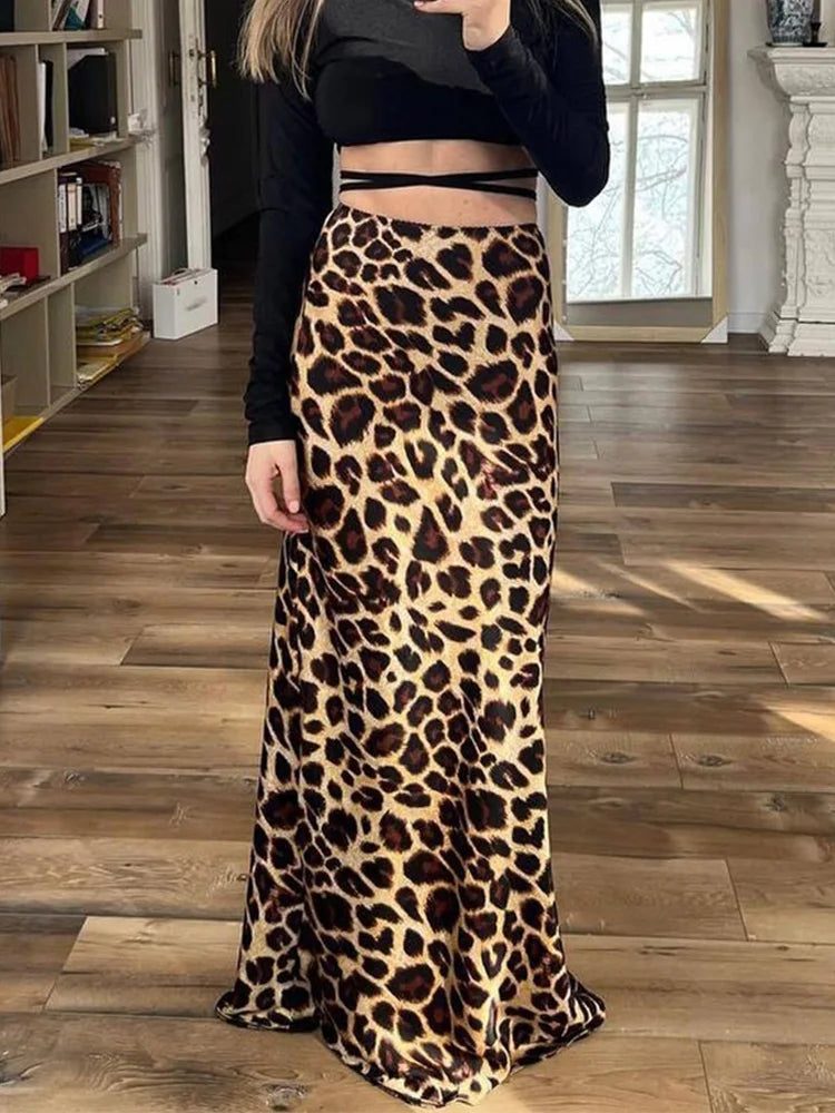 Women's Leopard Print Satin Skirt
